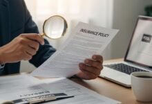 Woman reading insurance policy fine print with magnifying glass