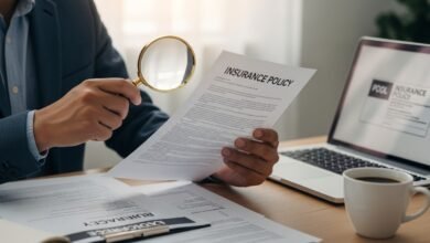 Woman reading insurance policy fine print with magnifying glass