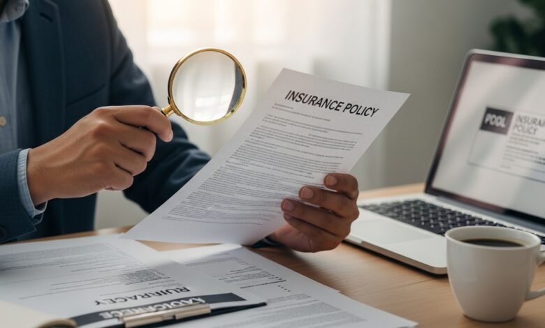 Woman reading insurance policy fine print with magnifying glass
