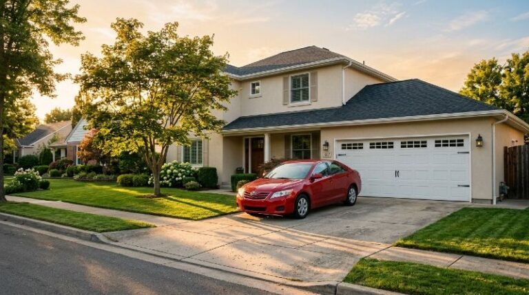 Pay Per Mile Car Insurance: Is It Worth It for Low Mileage Drivers? Red sedan parked in driveway of a quiet American suburban home suggesting low mileage and infrequent use