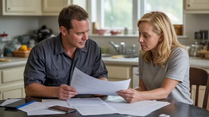 Contractor and homeowner reviewing repair estimate paperwork at a kitchen table