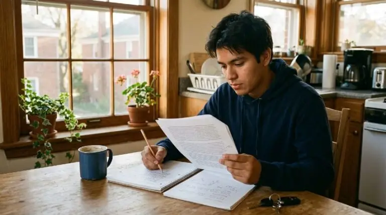 How Car Insurance Deductibles Work for First-Time Drivers Young man reading car insurance documents at a kitchen table