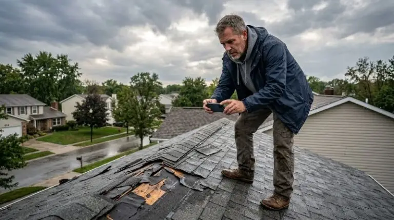 How Home Insurance Claims Are Processed Step by Step Homeowner taking photos of storm-damaged roof shingles with a smartphone