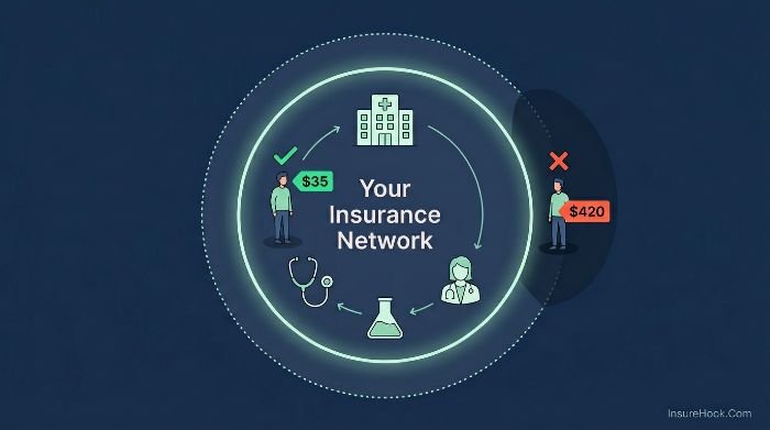 Diagram showing how in-network and out-of-network provider cost flow works in US health insurance