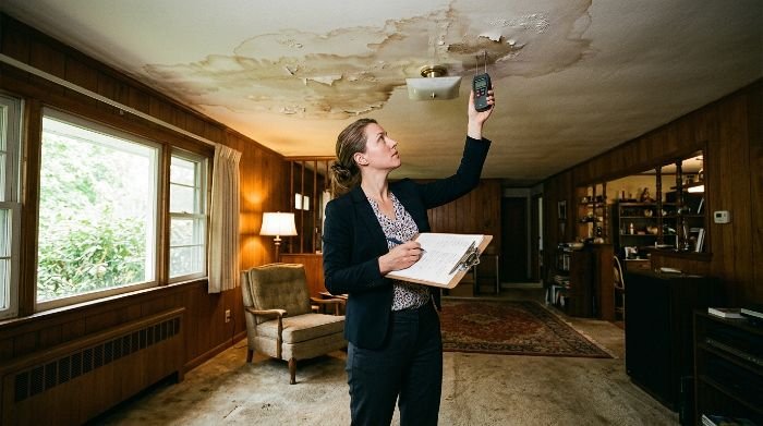 Insurance adjuster inspecting water-damaged ceiling and walls inside a U.S. home