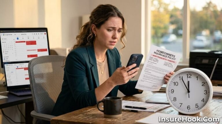 Insurance Grace Period: What Happens If You Pay Late? A worried person checking calendar with insurance policy documents and clock showing deadline approaching