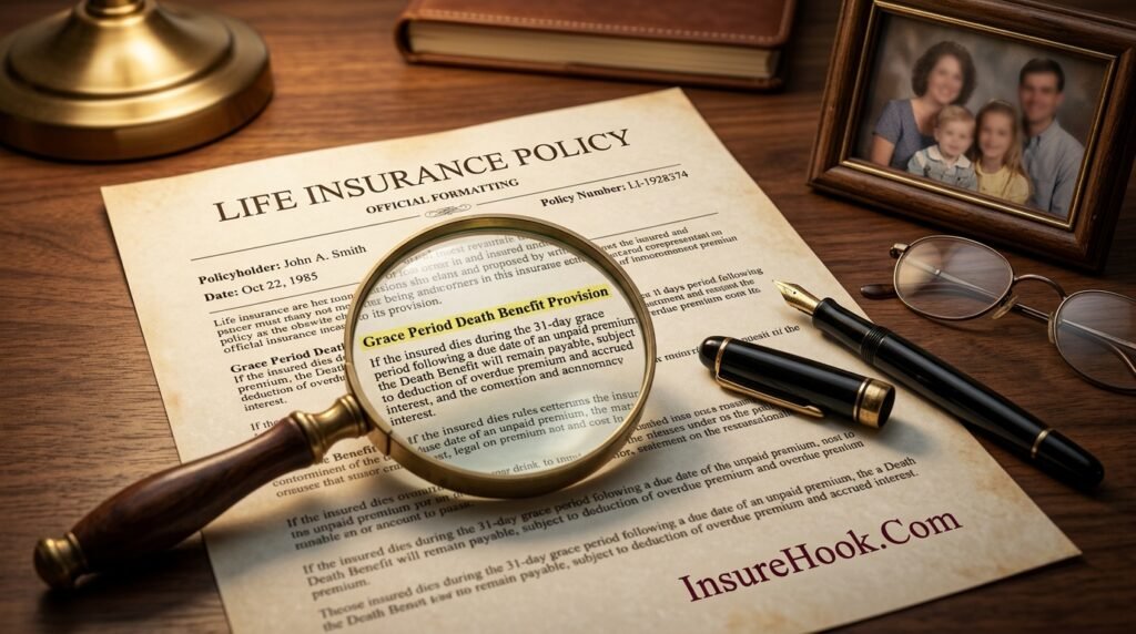 Life insurance policy contract showing grace period death benefit payout terms with magnifying glass