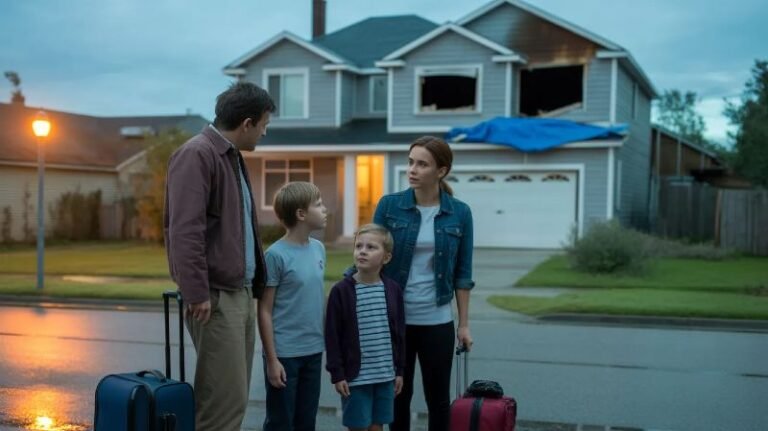 What Is Loss of Use Coverage in Home Insurance? A displaced American family standing outside their damaged home with luggage, symbolizing loss of use coverage in home insurance