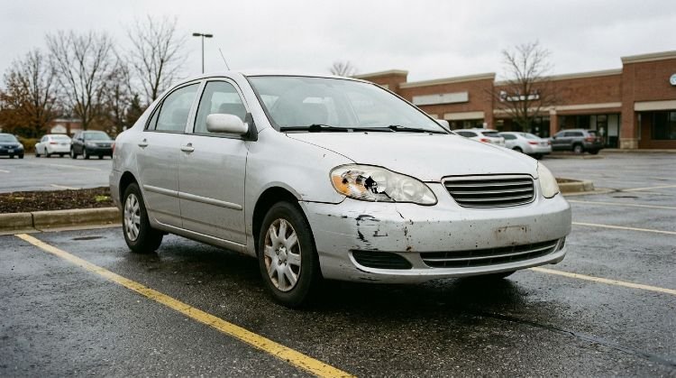 Crumpled front bumper on a sedan in a parking lot after a minor accident