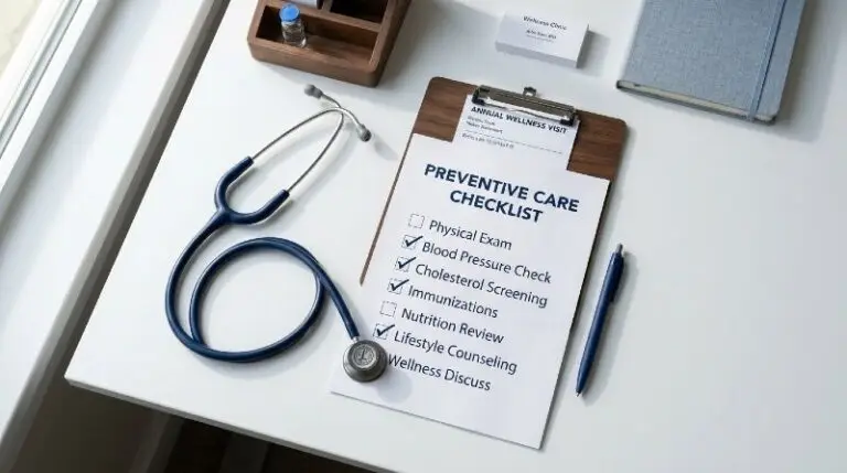 What Is Preventive Care in Health Insurance Plans? Preventive care health insurance concept showing stethoscope with health screening checklist on desk