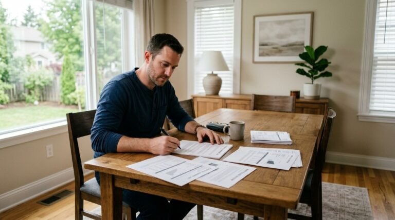 How to Read and Understand Your Insurance Policy Document U.S. homeowner reviewing insurance policy documents at a dining table