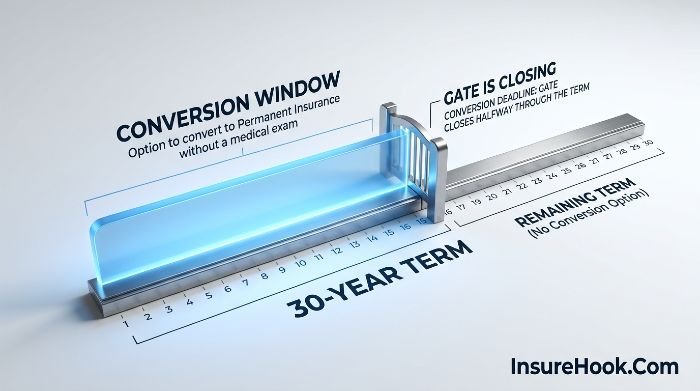 A horizontal timeline showing the gap between policy expiration and conversion expiration.