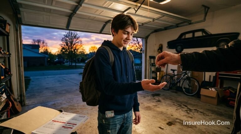 Adding a Teen Driver to Your Car Insurance Policy Teen driver receiving car keys with insurance documents visible and rising cost graph in background