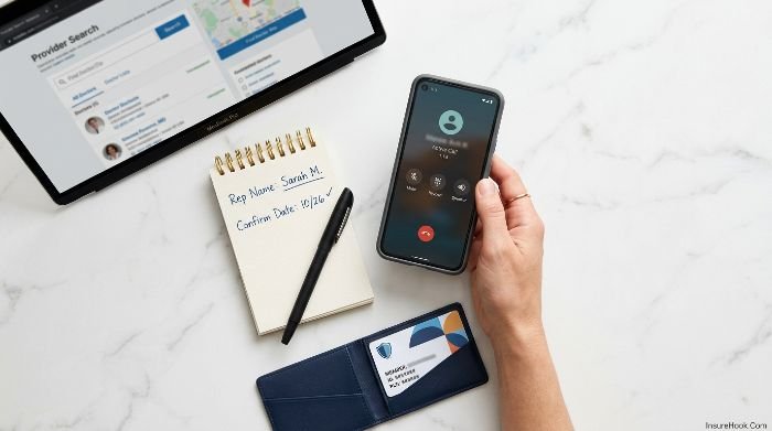 Person calling insurance company to verify in-network provider status before a medical appointment
