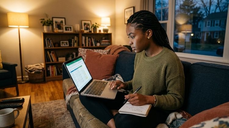 Young woman looking at car insurance deductible options on a laptop screen