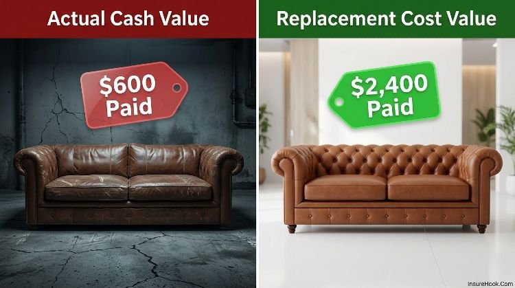 Side by side comparison of actual cash value versus replacement cost value payout for home insurance claim