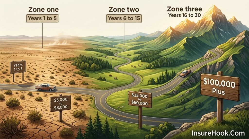 Visual timeline diagram showing slow then accelerating cash value growth from year 1 to year 30
