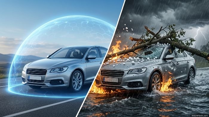 What Is Comprehensive Car Insurance and What Does It Cover? Comprehensive car insurance protection shield against storm hail theft and fire damage to vehicle