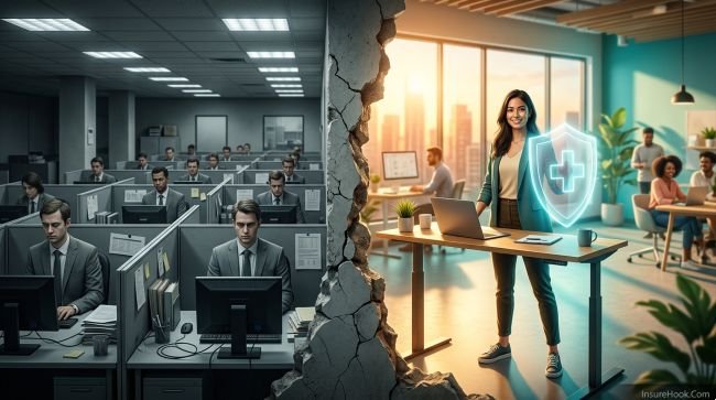 Health Insurance for Self-Employed Individuals: What to Know Self-employed professional breaking free from corporate chains holding a health insurance shield in 2026