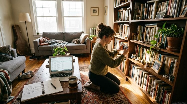 Person creating home inventory by photographing belongings for insurance claim documentation