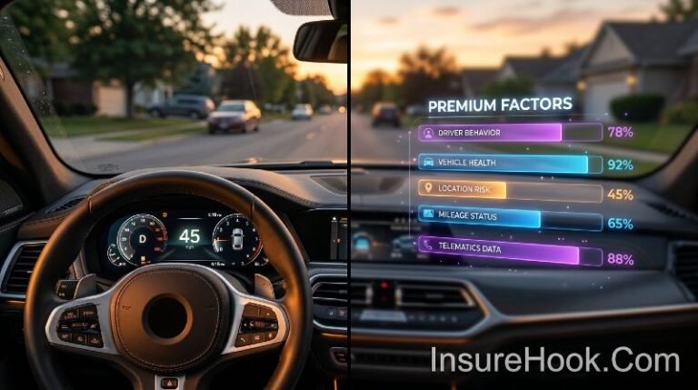 How Car Insurance Premiums Are Calculated in 2026 Split-screen visual showing insurance premium calculation factors with digital price display and risk assessment icons