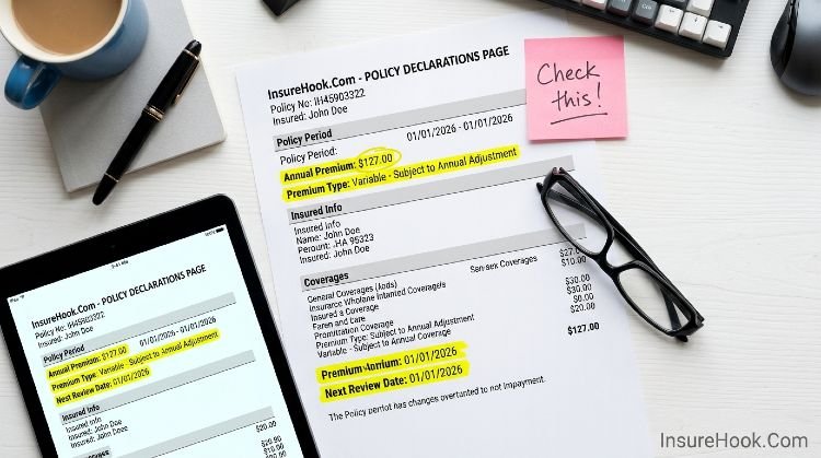 Insurance declarations page with premium amount, type, and payment schedule sections marked with highlighter