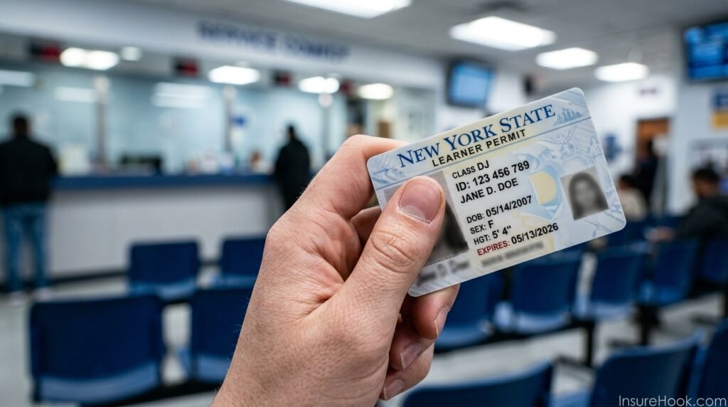 Teenage hand holding a learner's permit card in front of a blurred DMV office window in the United States