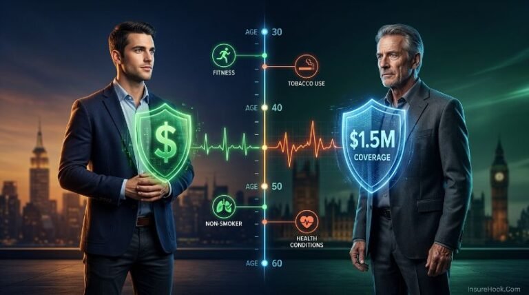 What Is a Life Insurance Premium and How Is It Determined? A conceptual illustration showing life insurance premium calculation with human figures and financial data in an American setting