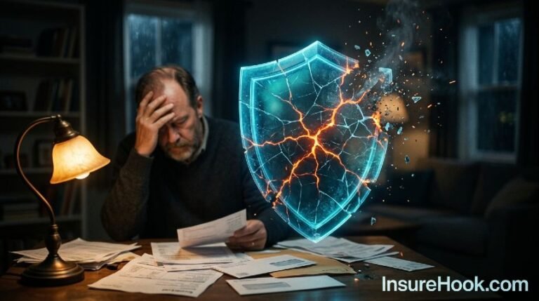 What Is Policy Lapse in Insurance? A person watching their insurance shield crack and shatter representing a policy lapse