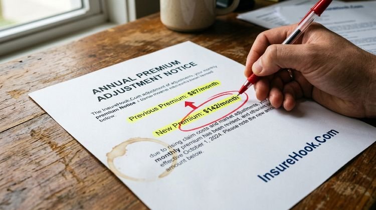 Insurance premium adjustment notice showing rate increase from previous year with highlighted dollar amounts