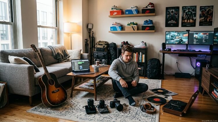 Young renter in apartment surrounded by belongings showing need for renters insurance personal property coverage