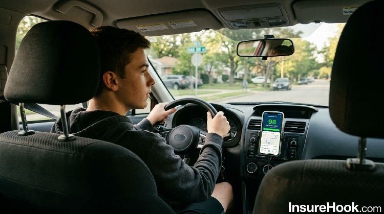 View from back seat of teen driver with telematics driving score app visible on phone mount while driving