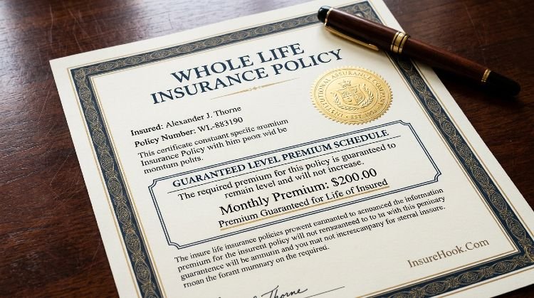 Official whole life insurance policy document showing guaranteed level premium clause and policy seal